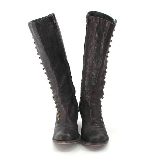 Calleen Cordero Knee High Boots 6.5 Black Brown Leather Brass Button Wedge Heel - Picture 6 of 15